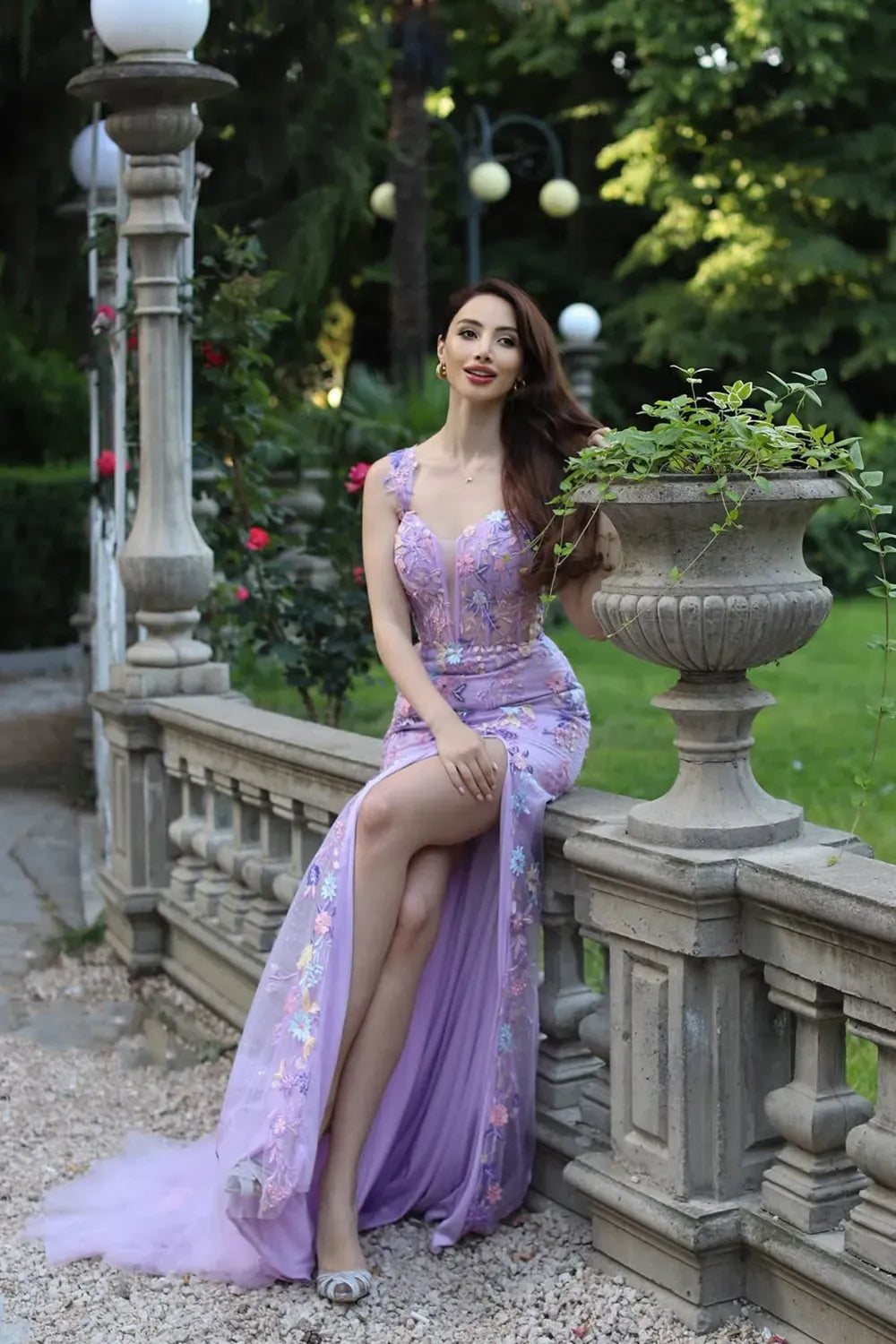 Romantic Floral Mermaid Plunging Sweetheart Sleeveless Lace-Up Floor-Length Prom Dress