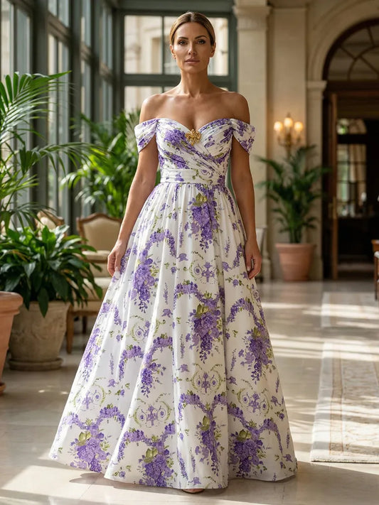 Loverlm ivory lavender floral Mother of the Bride dress with off-shoulder neckline ruched bodice defined waist and floor-length A-line skirt