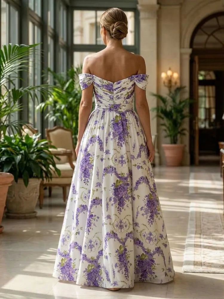 Elegant A-Line Off-Shoulder Ruched Floral Floor-Length Mother of the Bride Dress