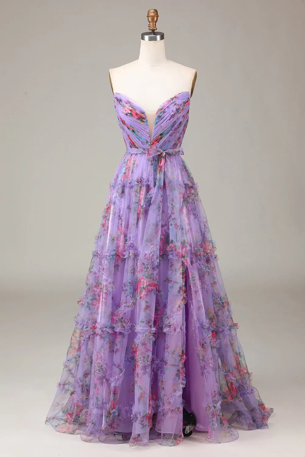 Loverlm lavender floral prom dress with strapless sweetheart neckline, pleated bodice, defined waist and tiered tulle A-line skirt