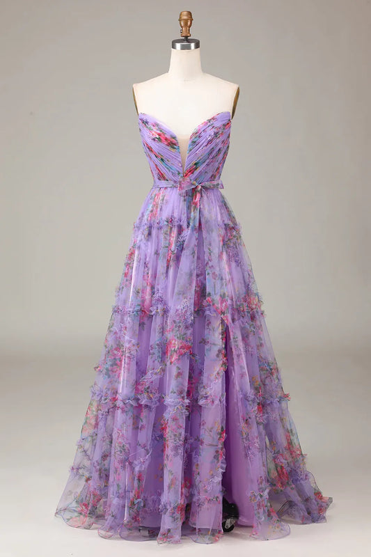 Loverlm lavender floral prom dress with strapless sweetheart neckline, pleated bodice, defined waist and tiered tulle A-line skirt