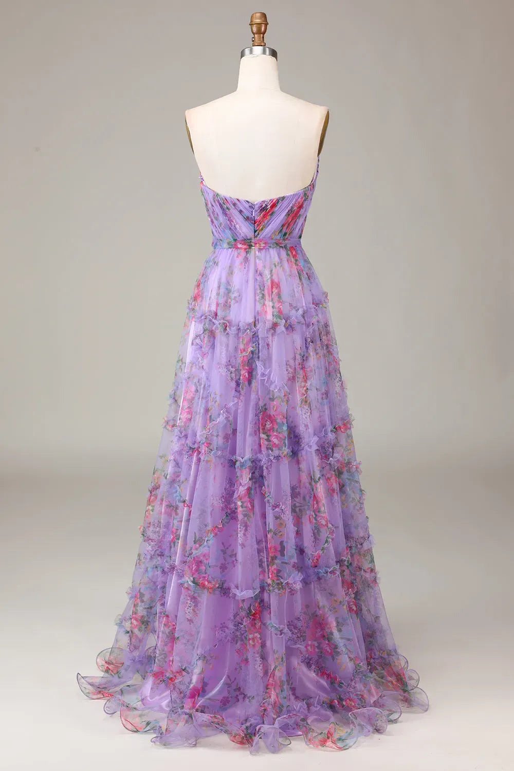 Romantic A-Line Sweetheart Strapless Low Back Tiered Floor-Length Floral Prom Dress