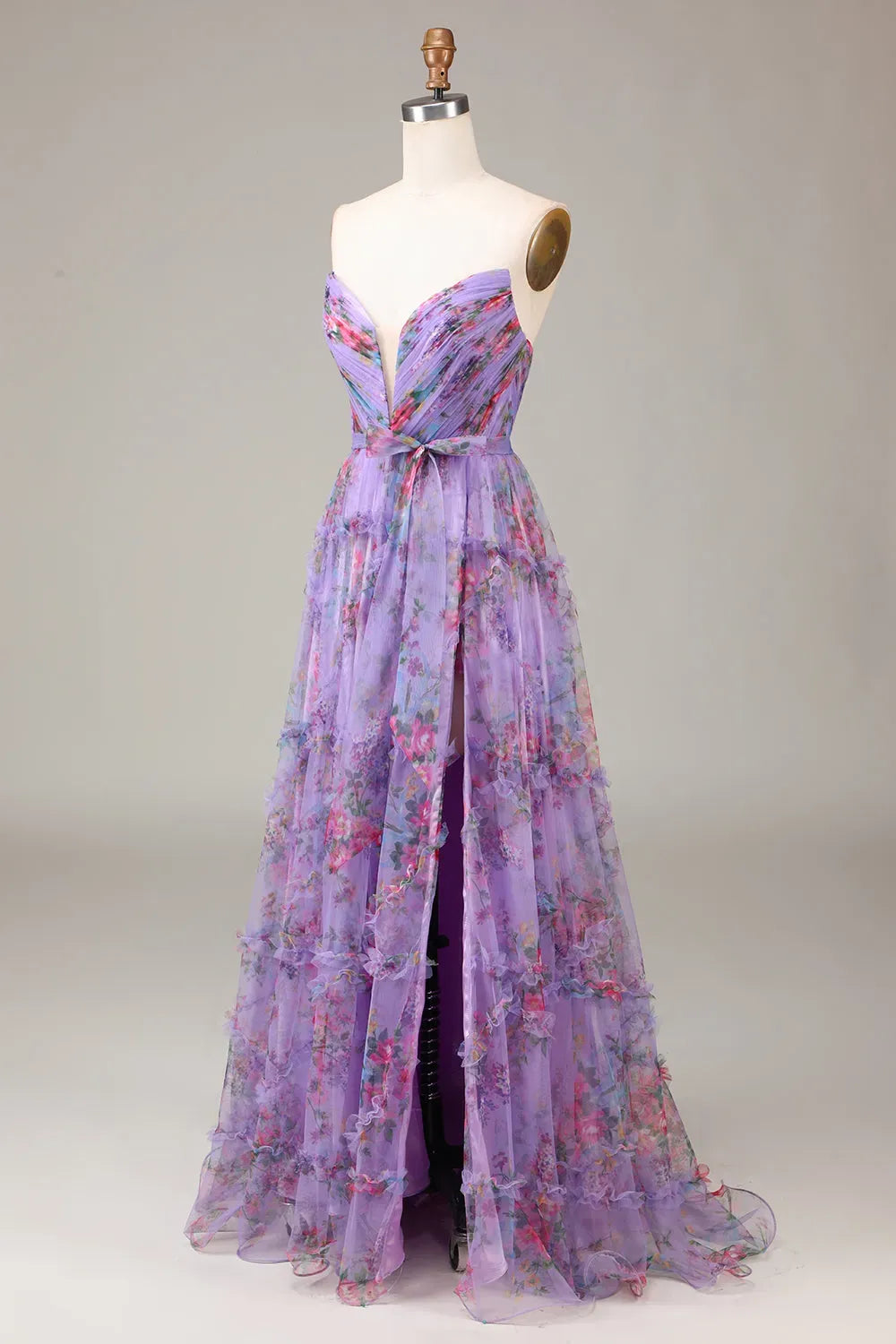 Romantic A-Line Sweetheart Strapless Low Back Tiered Floor-Length Floral Prom Dress