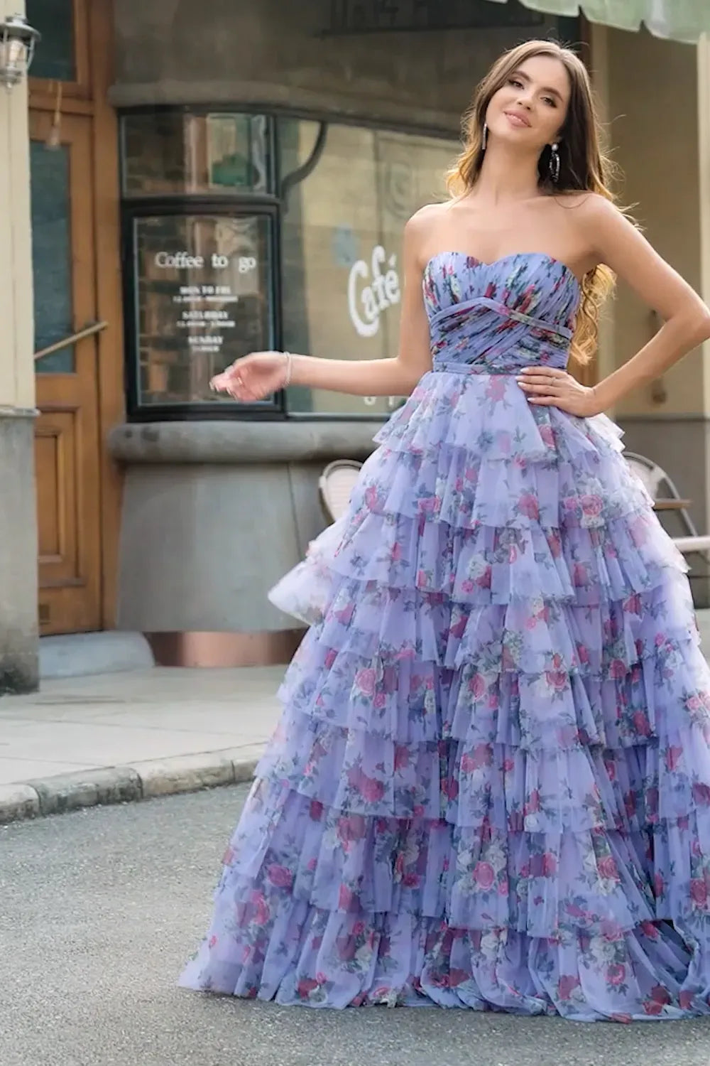 Loverlm lavender floral prom dress with strapless sweetheart neckline, ruched bodice and tiered floor-length tulle ball gown skirt