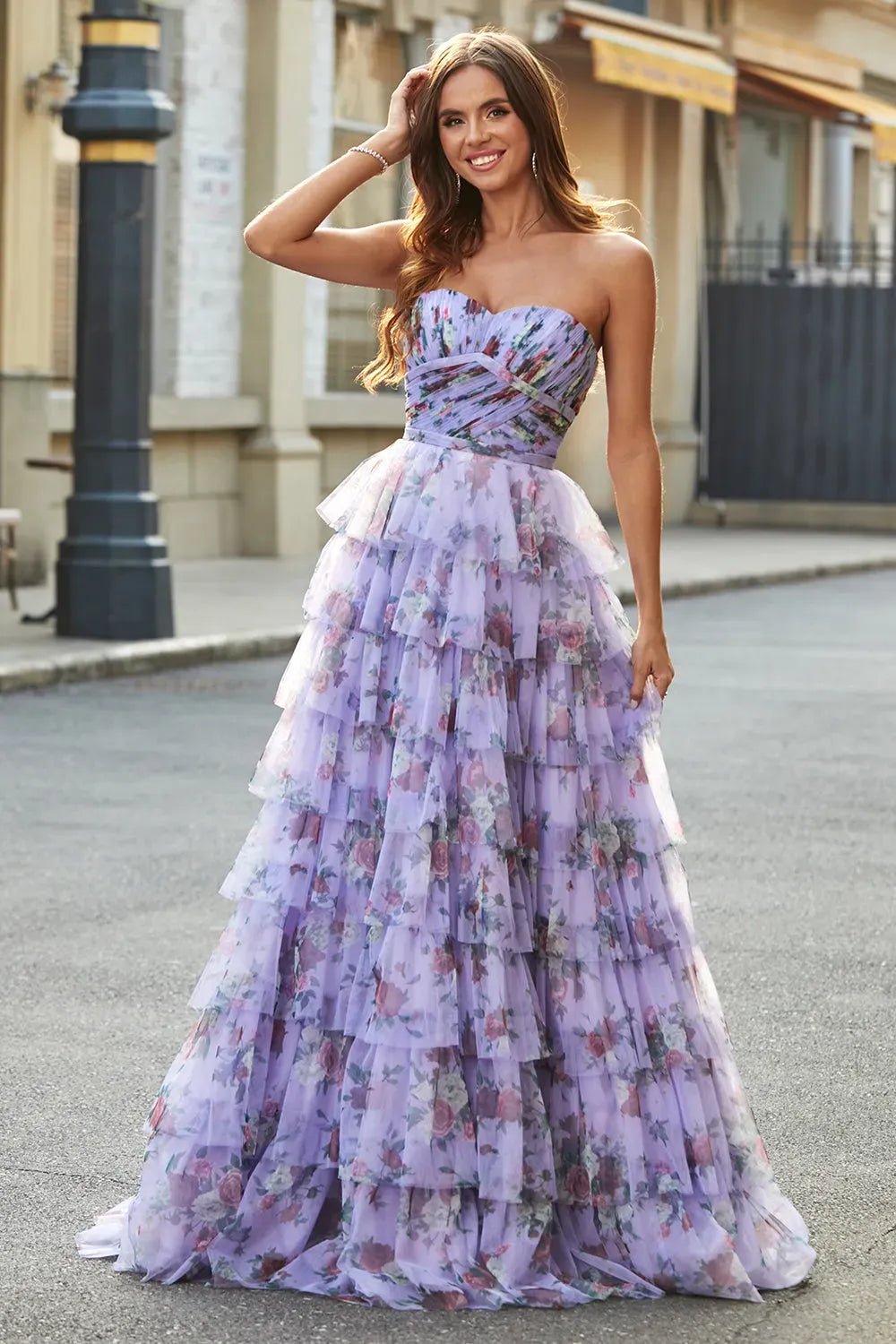 Romantic Floral A-Line Sweetheart Strapless Zipper Back Tiered Floor-Length Prom Dress
