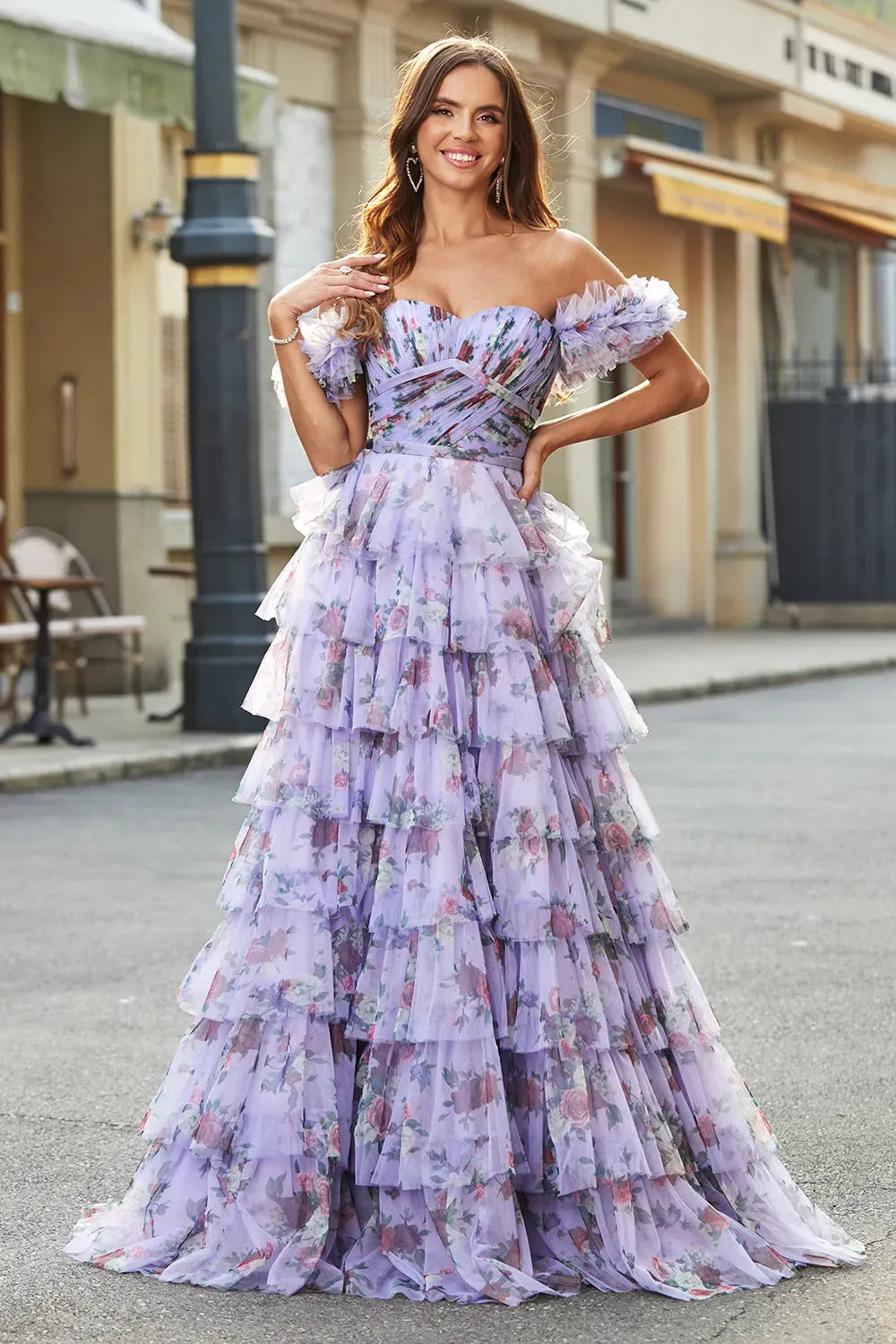 Romantic Floral A-Line Sweetheart Strapless Zipper Back Tiered Floor-Length Prom Dress