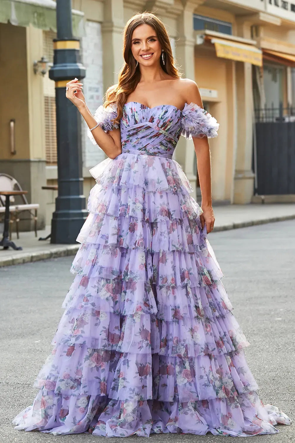 Romantic Floral A-Line Sweetheart Strapless Zipper Back Tiered Floor-Length Prom Dress