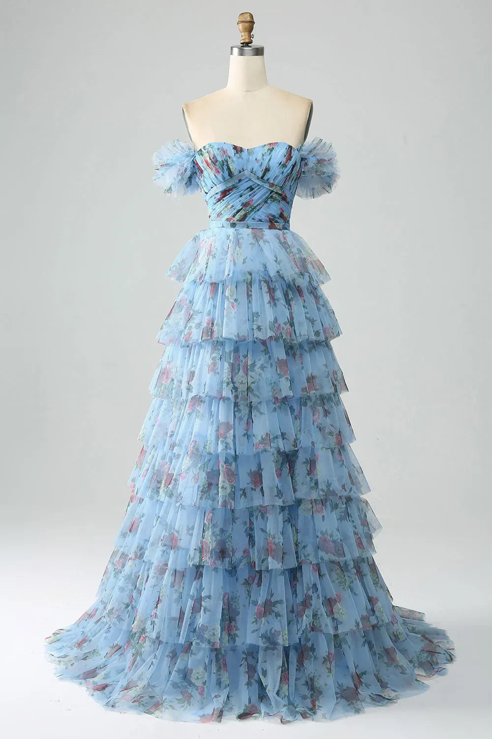 Romantic Floral A-Line Sweetheart Strapless Zipper Back Tiered Floor-Length Prom Dress