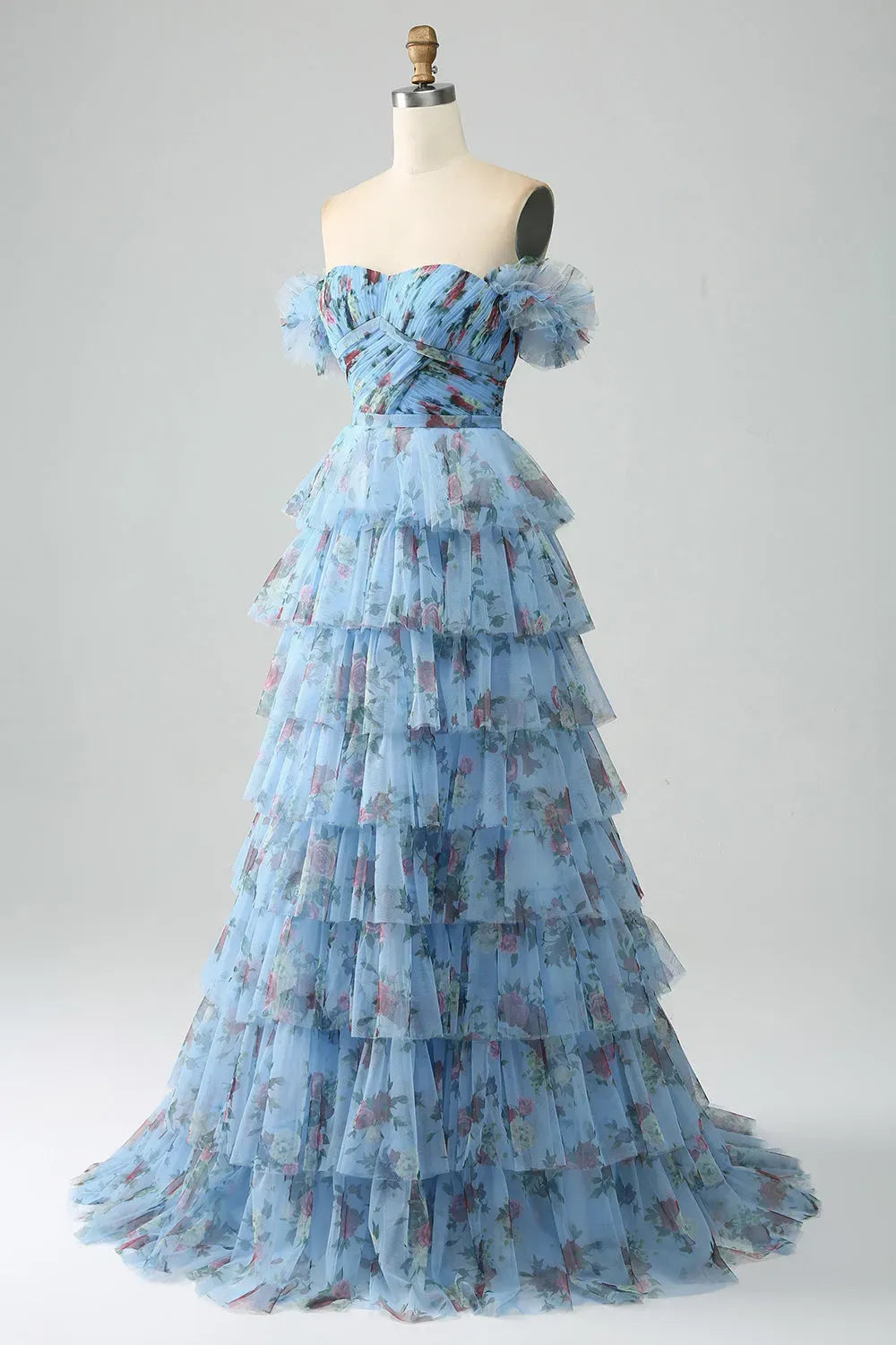 Romantic Floral A-Line Sweetheart Strapless Zipper Back Tiered Floor-Length Prom Dress