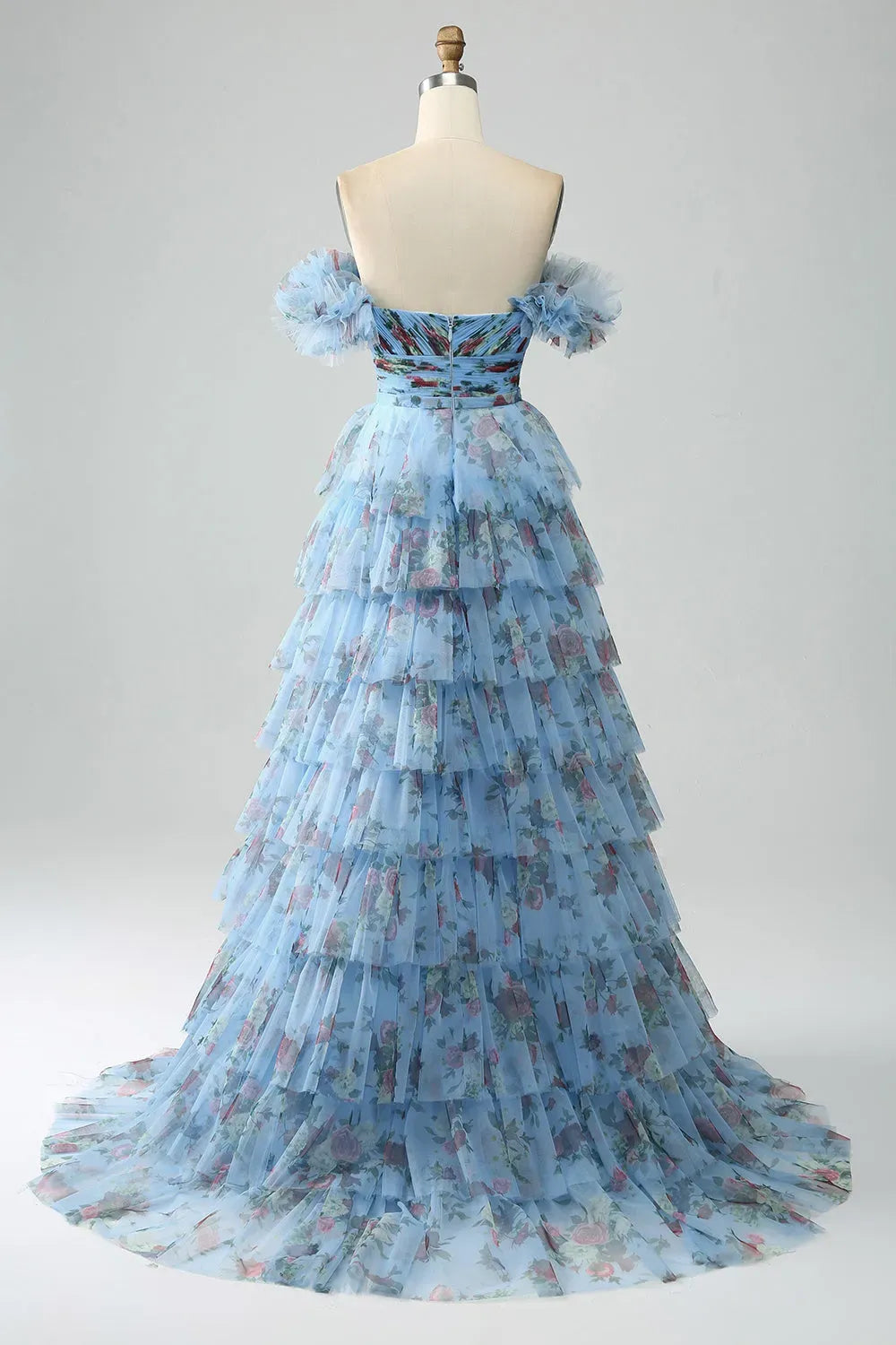 Romantic Floral A-Line Sweetheart Strapless Zipper Back Tiered Floor-Length Prom Dress