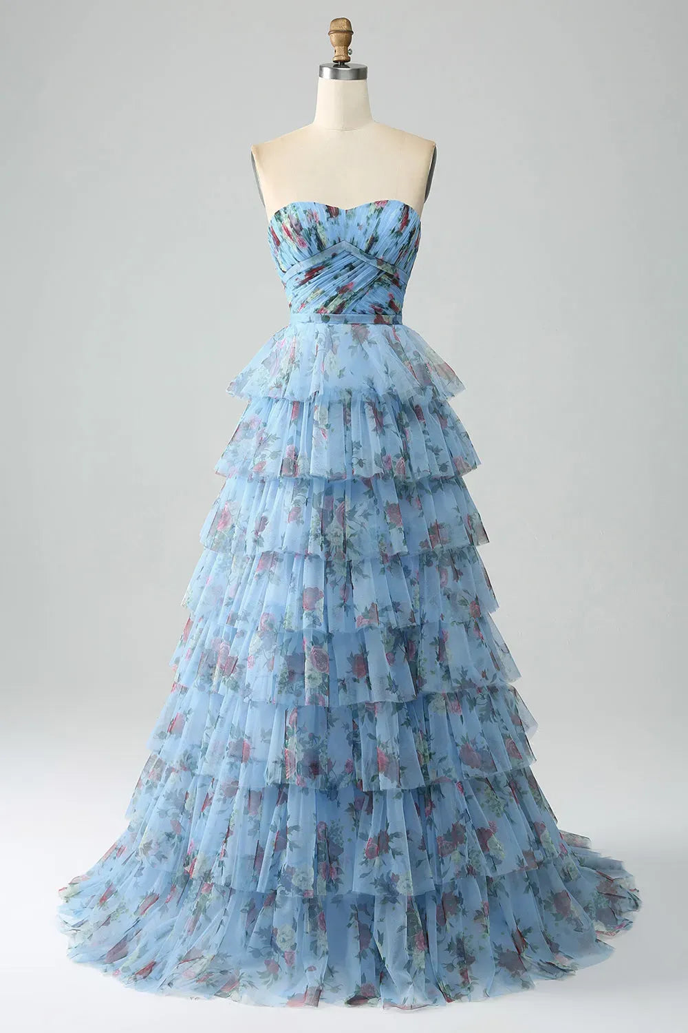 Romantic Floral A-Line Sweetheart Strapless Zipper Back Tiered Floor-Length Prom Dress