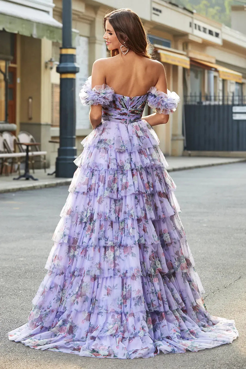 Romantic Floral A-Line Sweetheart Strapless Zipper Back Tiered Floor-Length Prom Dress