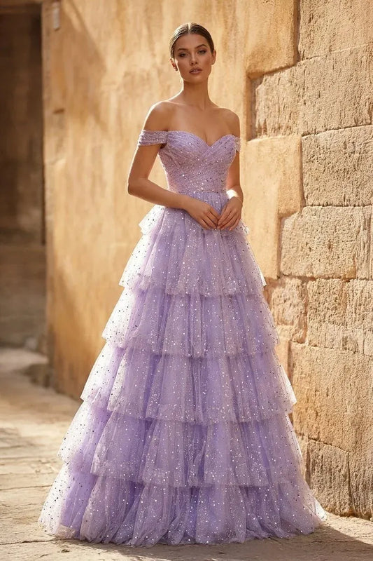 Glamorous Glitter Tulle A-Line Sweetheart Off-Shoulder Lace-Up Floor-Length Prom Dress