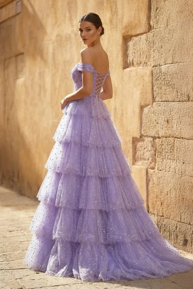 Glamorous Glitter Tulle A-Line Sweetheart Off-Shoulder Lace-Up Floor-Length Prom Dress