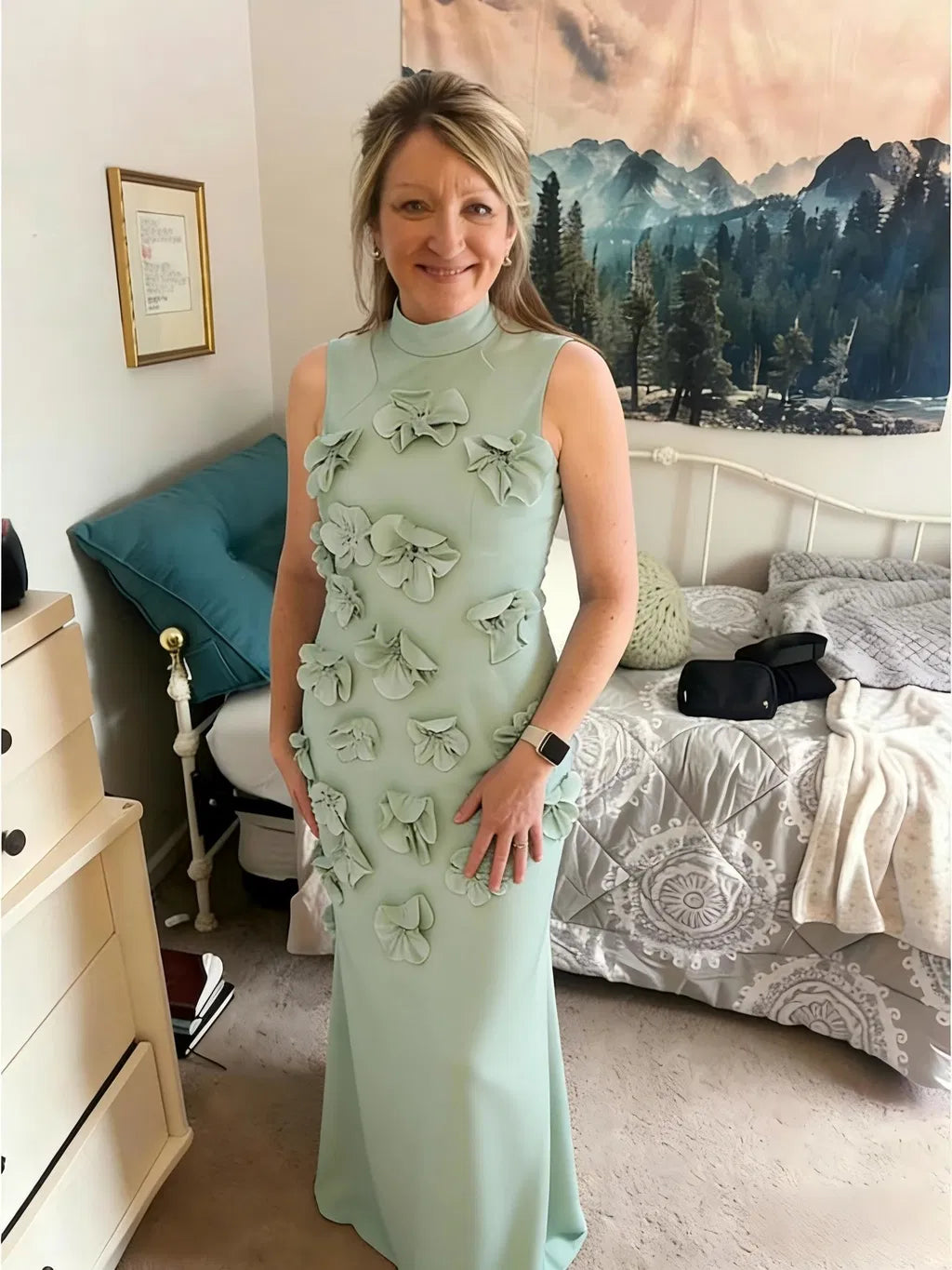 Romantic A-Line High Neck Sleeveless Crepe Maxi Wedding Guest Dress