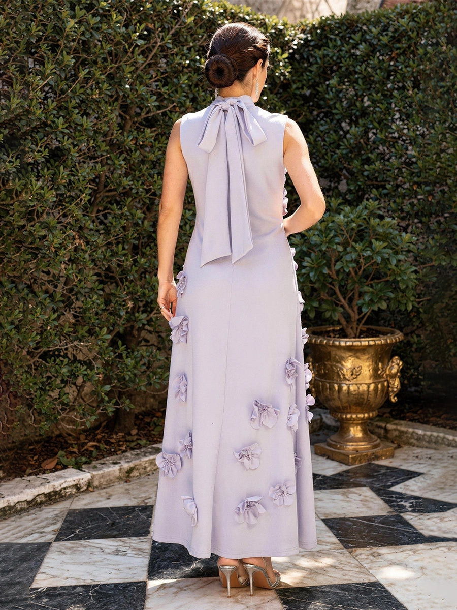 Romantic A-Line High Neck Sleeveless Crepe Maxi Wedding Guest Dress