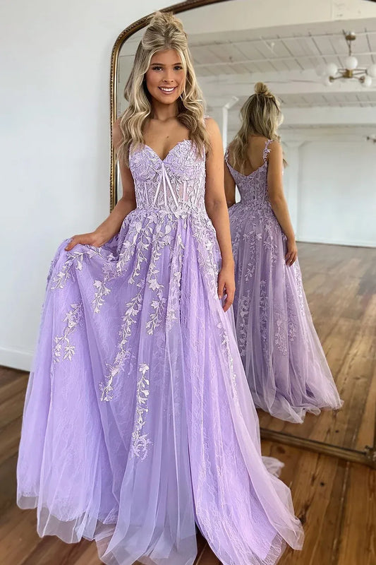 Loverlm lavender lace and tulle A-line prom dress with a sweetheart neckline, sheer corset-style bodice and cascading floral appliques.