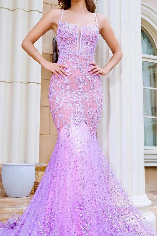 Front view of a Loverlm lavender lace and tulle mermaid prom dress with a square neckline, spaghetti straps, floral appliqués, and sweeping train.