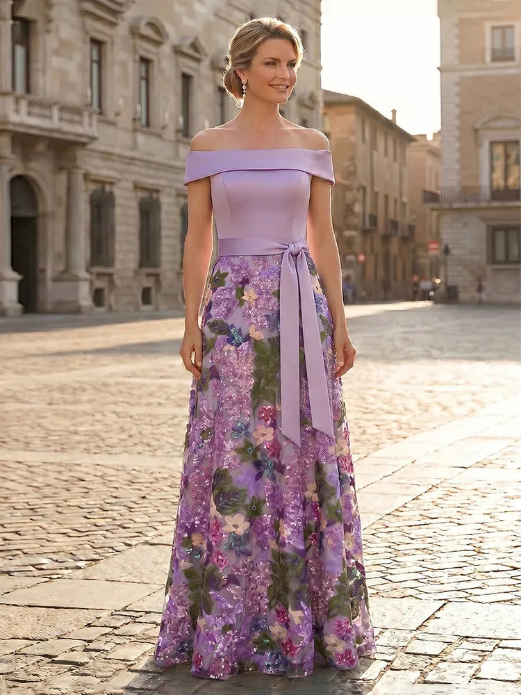 Loverlm lavender Mother of the Bride dress with off-shoulder neckline waist sash multicolor floral embroidery and floor-length A-line skirt