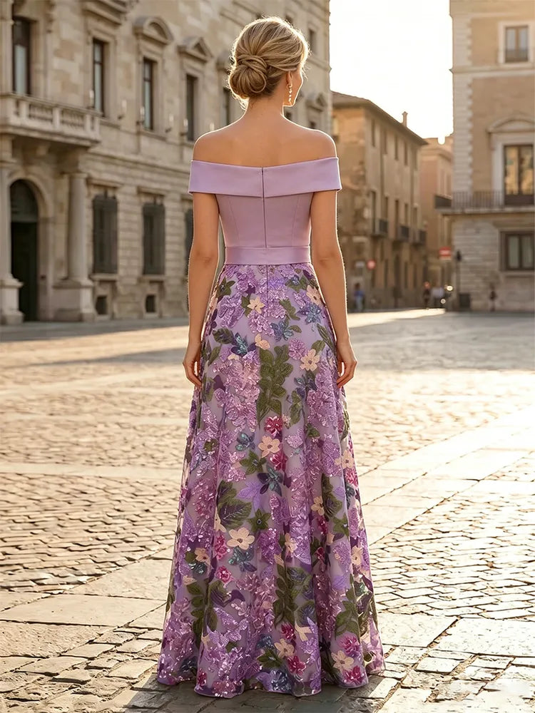 Elegant A-Line Off-Shoulder Sleeveless Embroidered Floor-Length Mother of the Bride Dress