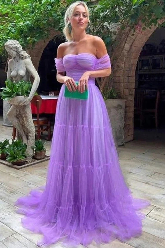 Loverlm lavender A-line tulle prom dress with off-the-shoulder sleeves, a sweetheart neckline and a tiered floor-length skirt.