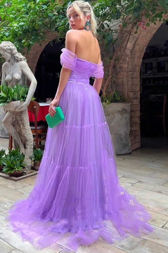 Romantic A-Line Sweetheart Off-Shoulder Short-Sleeve Tulle Floor-Length Prom Dress