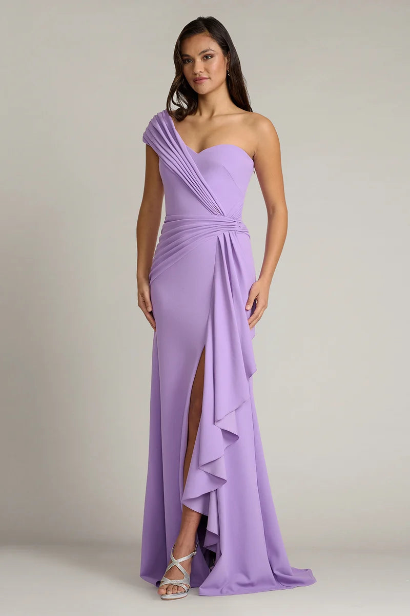 Loverlm lavender bridesmaid dress with sweetheart one-shoulder neckline ruched waist side drape high slit and floor-length sheath silhouette