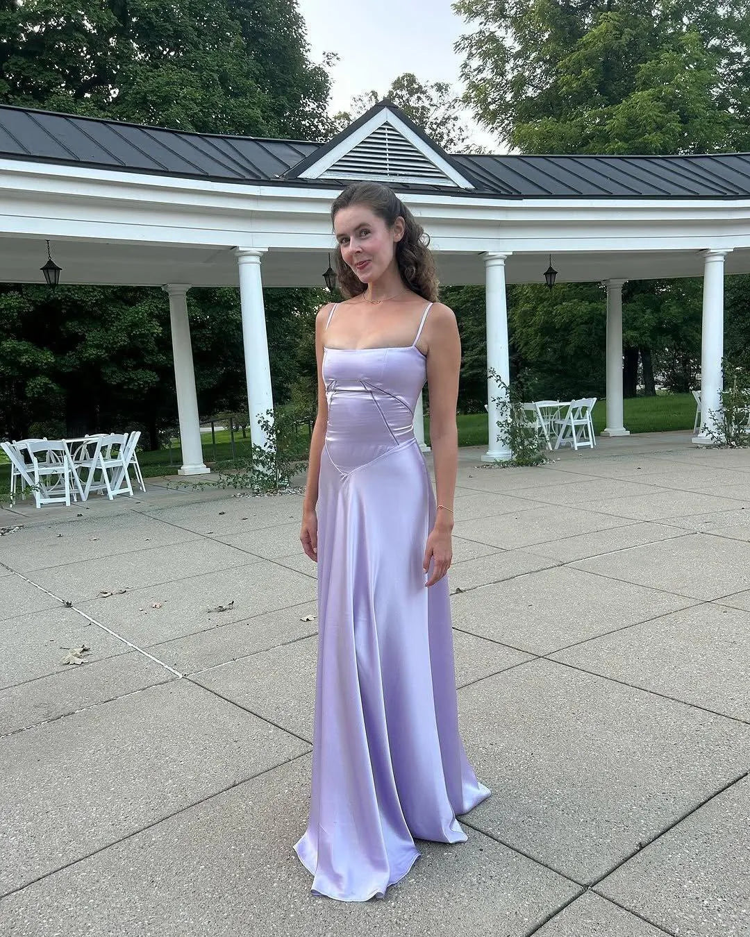 Loverlm Elegant Lavender Satin A-Line Square-Neck Spaghetti-Strap Lace-Up Long Prom Dress