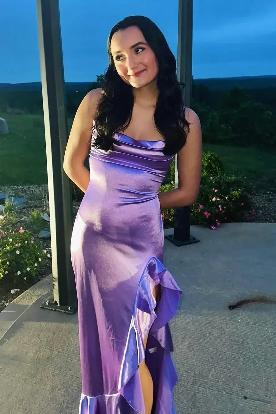 Loverlm lavender satin sheath prom dress with a draped cowl neckline, spaghetti straps, high slit and cascading ruffle trim.