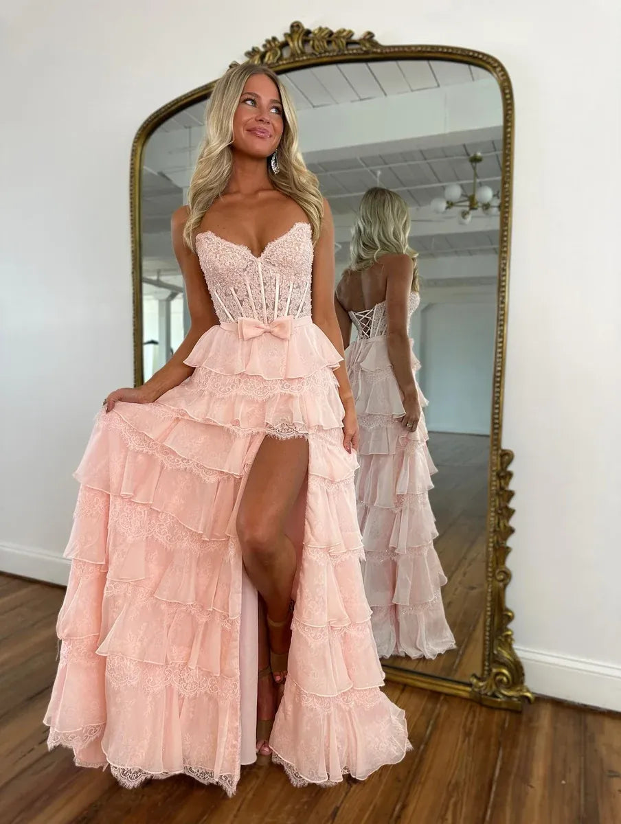 Lavender Tiered Ruffle Strapless Beaded Corset Lace-Up Back Long Prom Dress