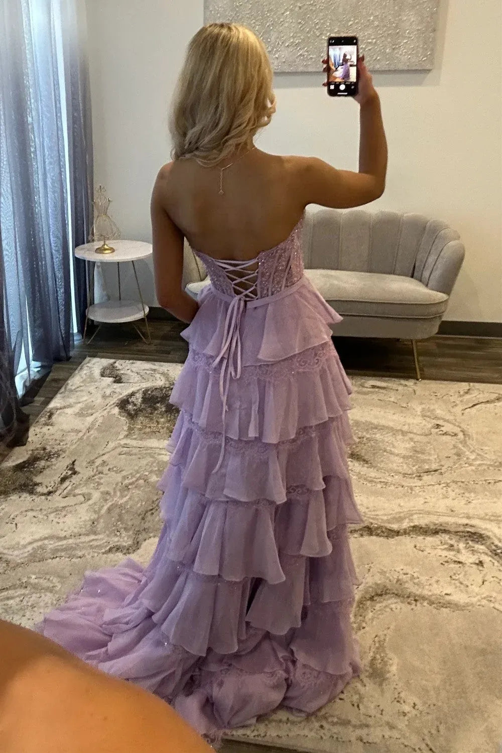 Lavender Tiered Ruffle Strapless Beaded Corset Lace-Up Back Long Prom Dress
