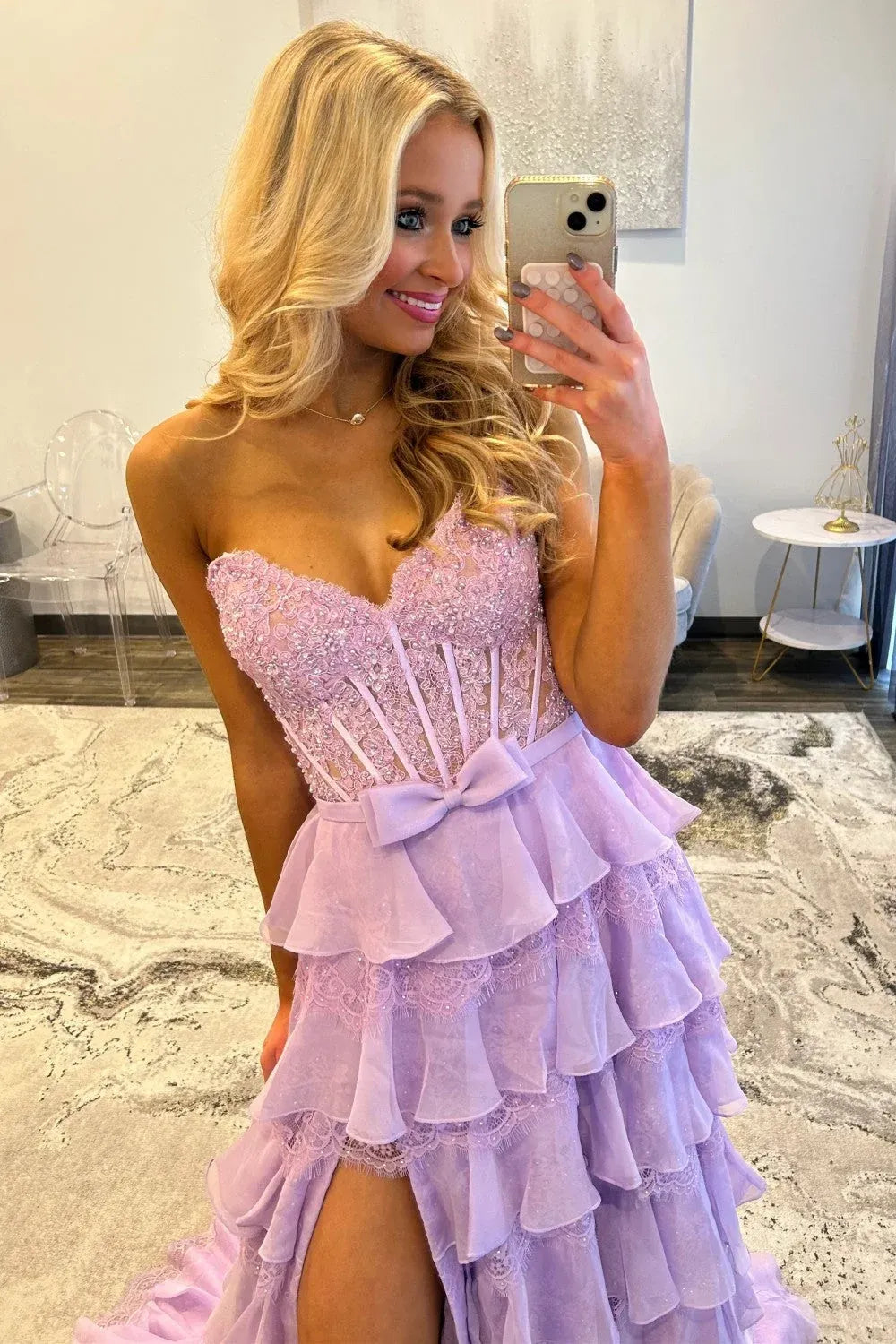 Lavender Tiered Ruffle Strapless Beaded Corset Lace-Up Back Long Prom Dress
