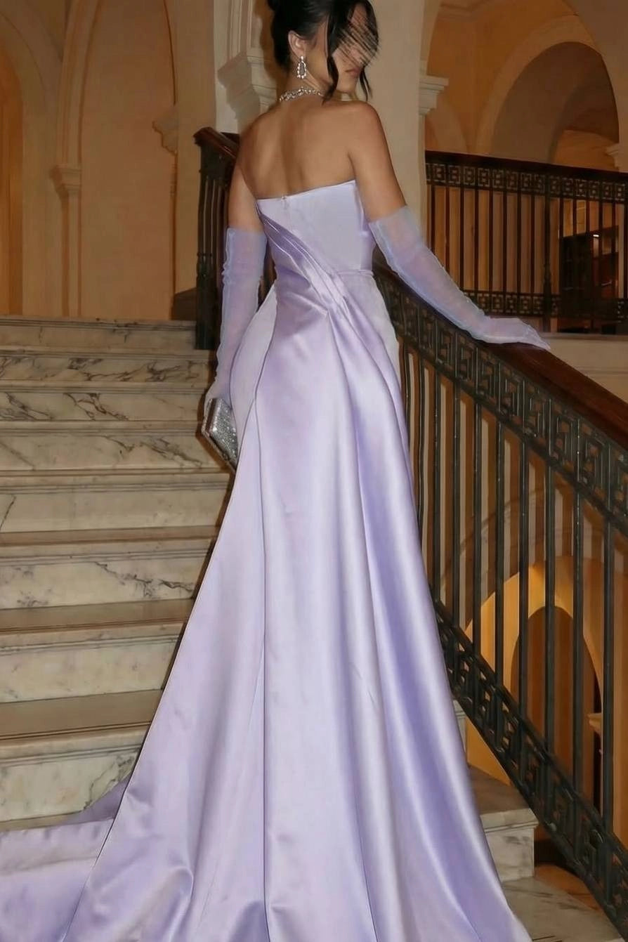 Elegant Lavender Satin Strapless A-Line Draped Waist Sheer Sleeve Prom Dress