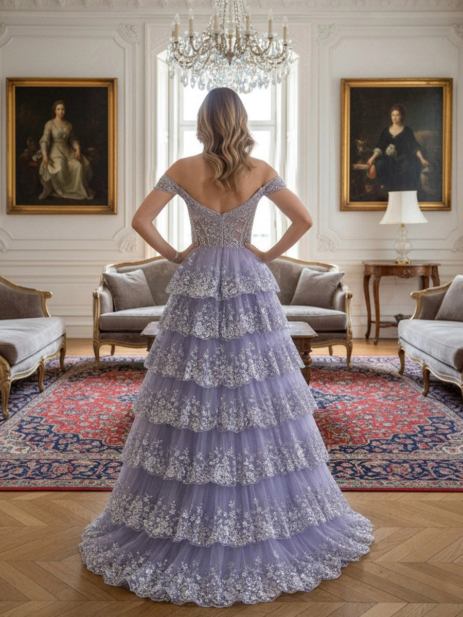 Romantic A-Line Sweetheart Off-Shoulder Corset Back Tiered Lace Prom Dress