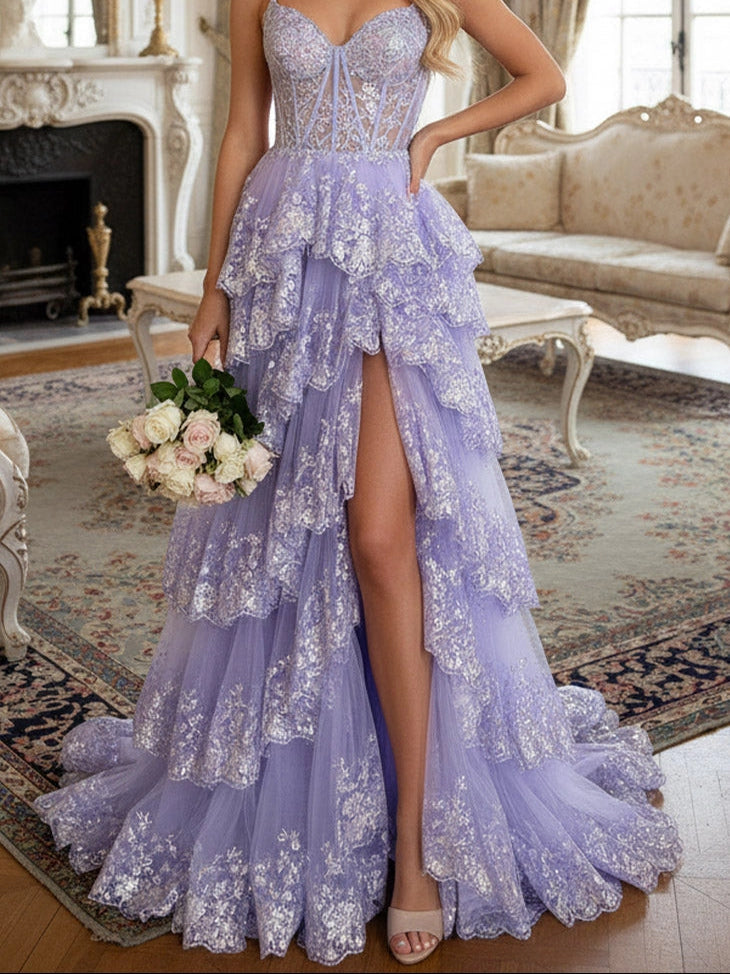 Romantic A-Line Sweetheart Off-Shoulder Corset Back Tiered Lace Prom Dress