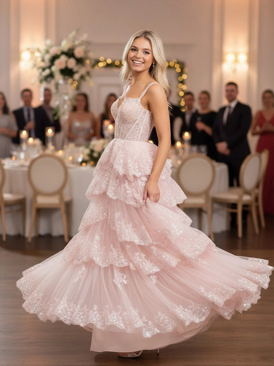 Romantic A-Line Sweetheart Off-Shoulder Corset Back Tiered Lace Prom Dress