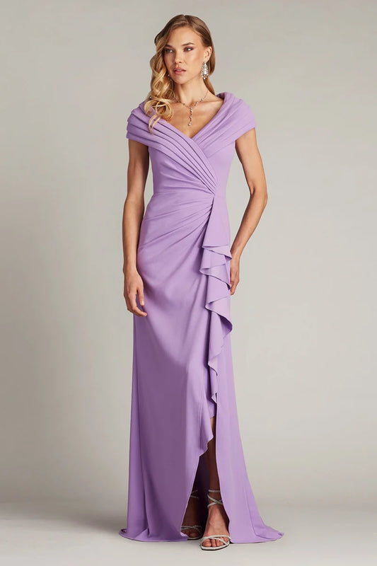 Loverlm lavender Mother of the Bride dress with V-neck draped cap sleeves ruched waist side ruffle and floor-length sheath silhouette