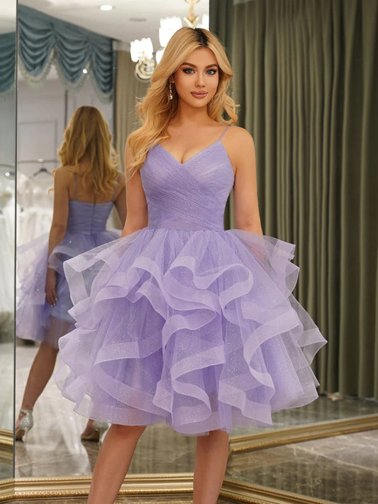 Loverlm lavender A-line mini homecoming dress with V-neckline, spaghetti straps, ruched bodice and voluminous tiered tulle ruffle skirt front view