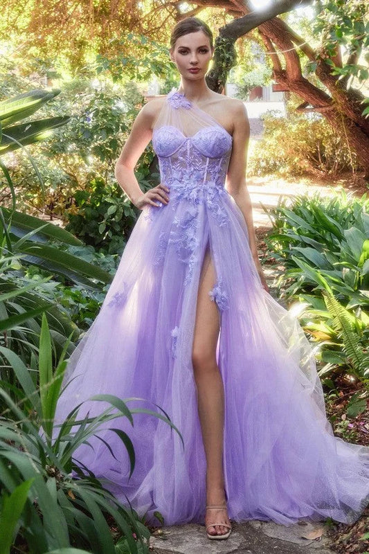 Loverlm lavender one shoulder floral tulle high slit prom dress front