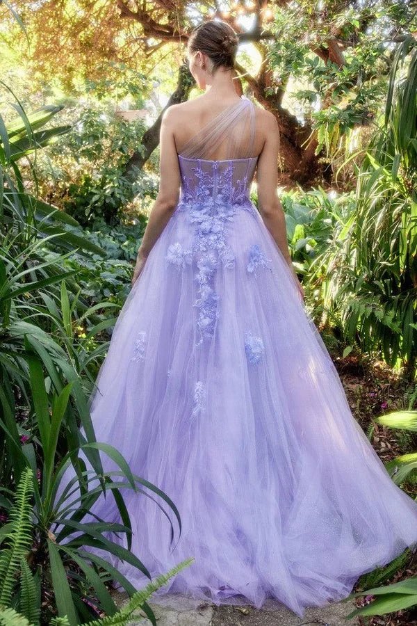 Romantic A-Line One Shoulder Sleeveless Sheer Back Floor-Length Prom Dress