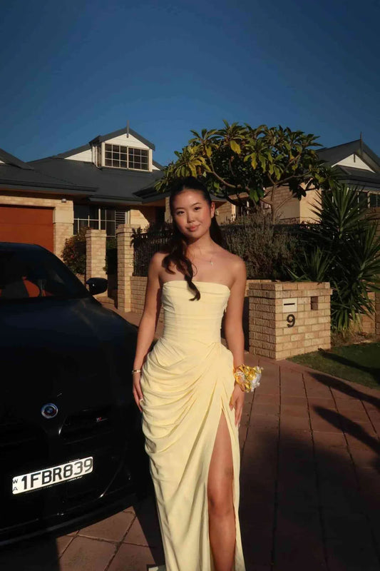 Loverlm lemon yellow strapless prom dress with pleated draping high slit fitted waist and floor-length column silhouette