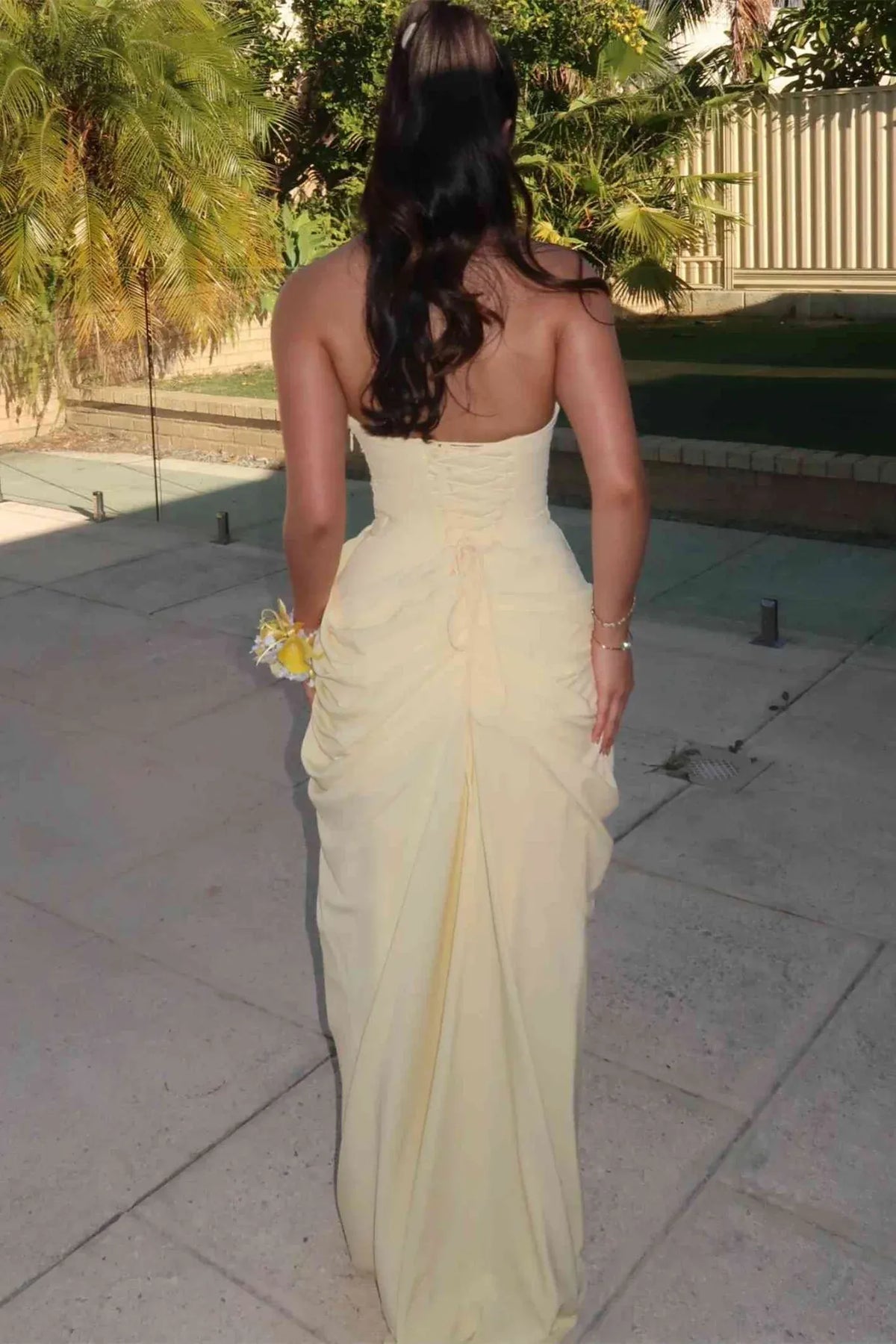 Elegant Column Straight Strapless Lace-Up Draped Floor-Length Prom Dress