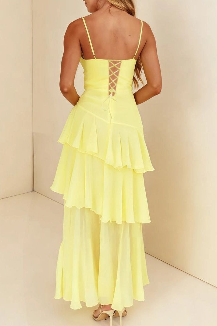Romantic A-Line Straight-Neck Sleeveless Lace-Up Chiffon Ankle-Length Wedding Guest Dress