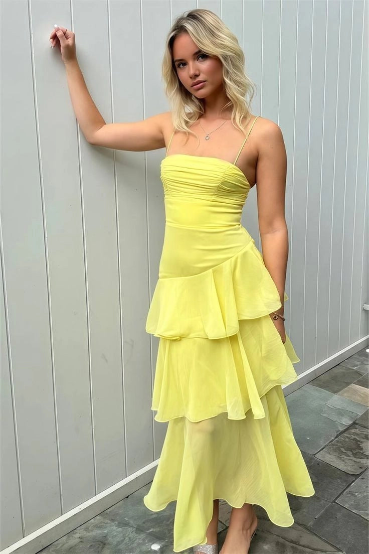 Romantic A-Line Straight-Neck Sleeveless Lace-Up Chiffon Ankle-Length Wedding Guest Dress