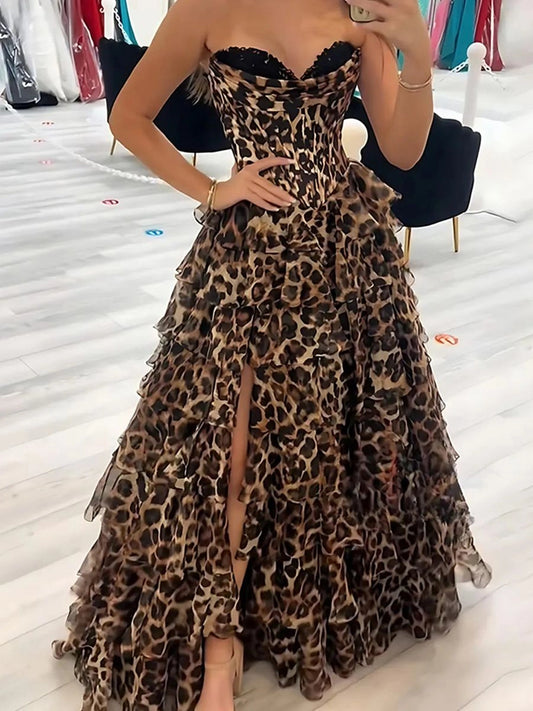 Loverlm leopard print strapless prom dress with sweetheart corset and tiered ruffle skirt