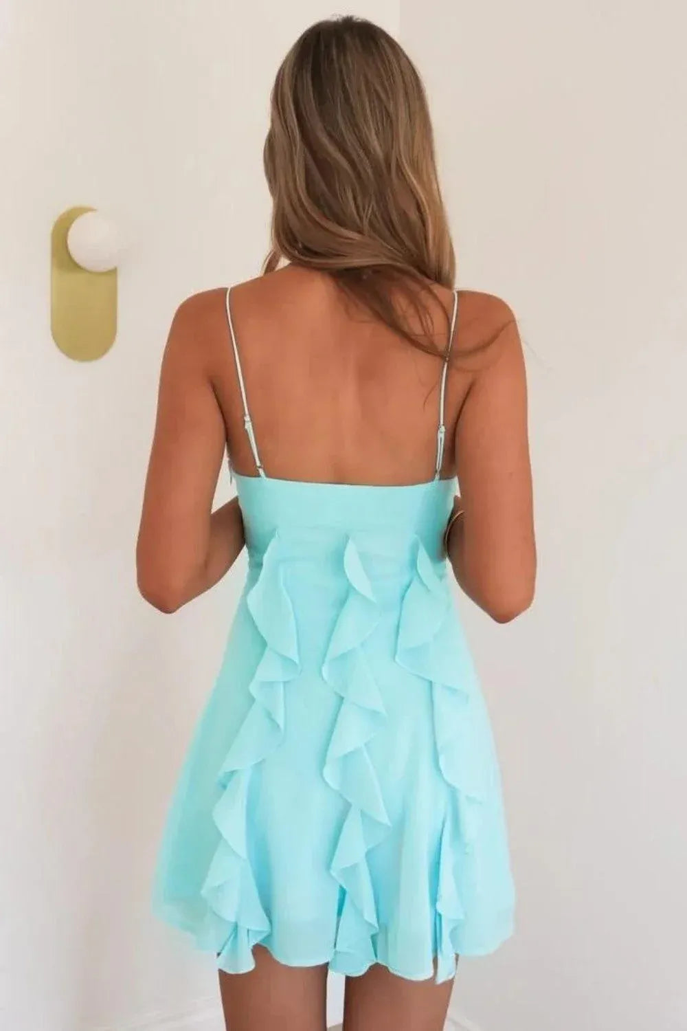 Dreamy A-Line Sweetheart Spaghetti Strap Straight Back Ruffle Mini Homecoming Dress