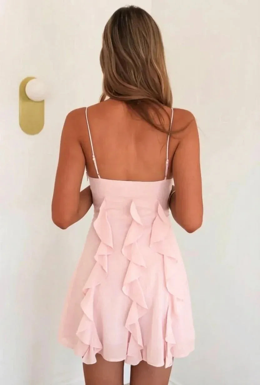 Dreamy A-Line Sweetheart Spaghetti Strap Straight Back Ruffle Mini Homecoming Dress