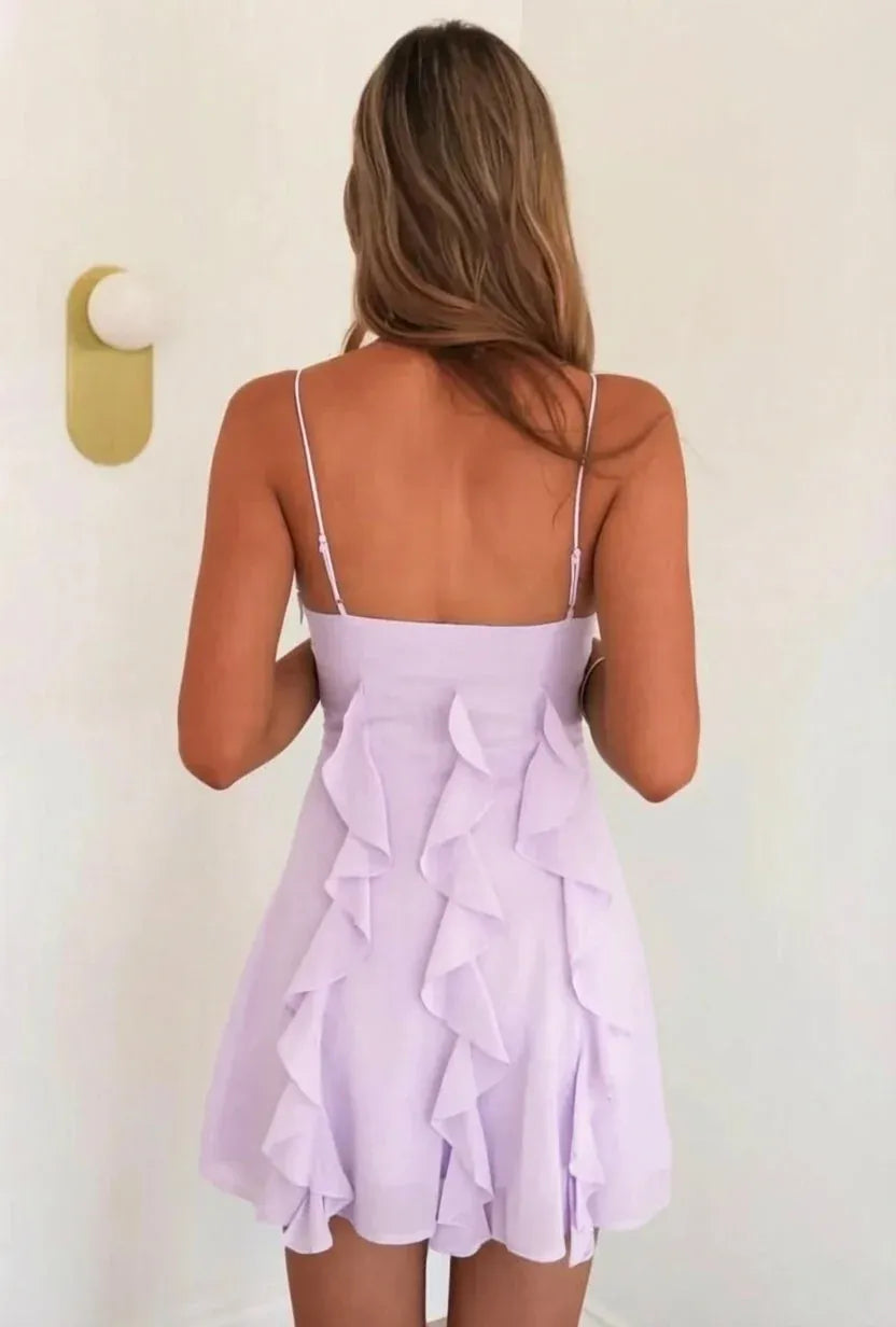 Dreamy A-Line Sweetheart Spaghetti Strap Straight Back Ruffle Mini Homecoming Dress