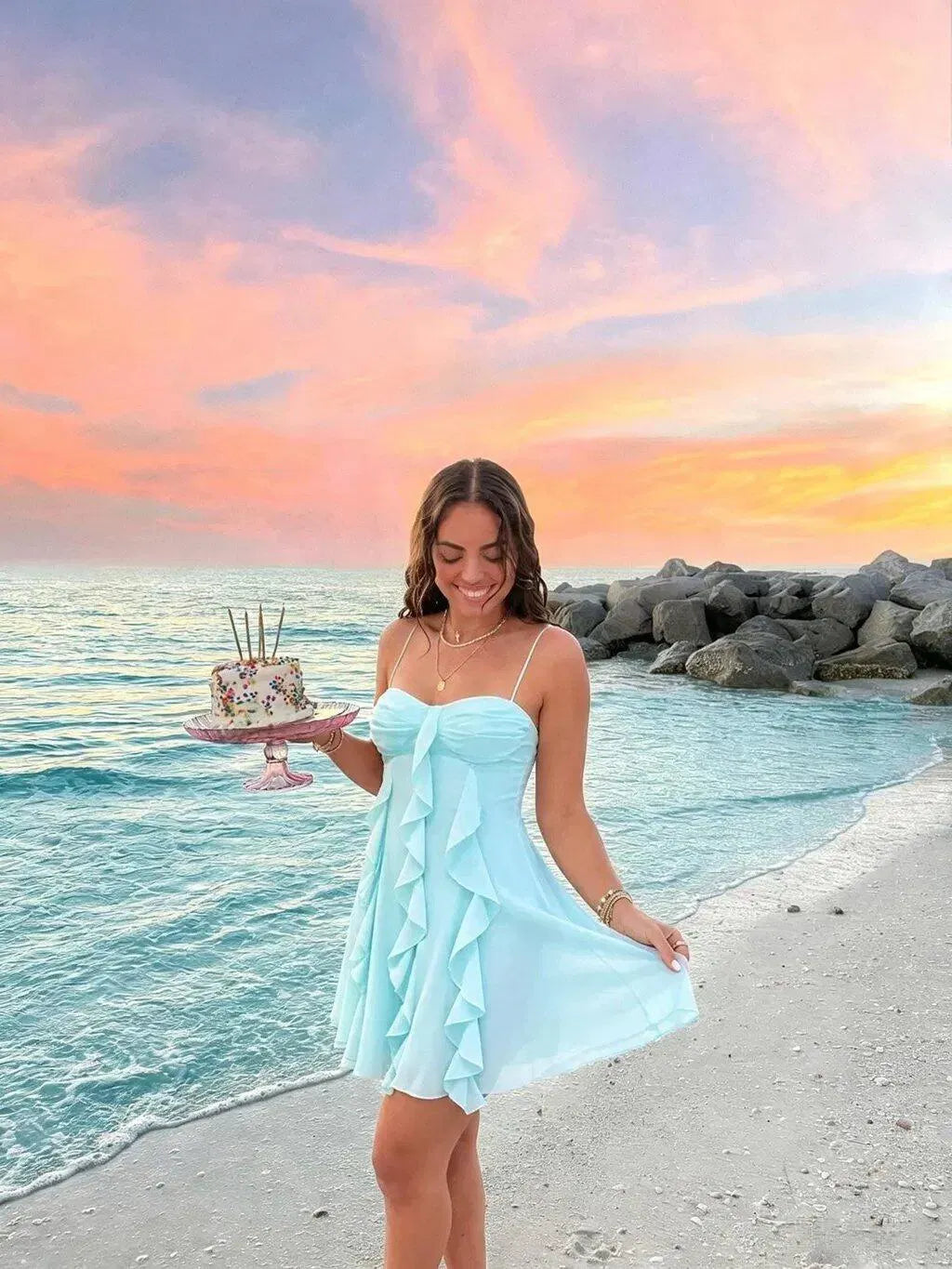 Dreamy A-Line Sweetheart Spaghetti Strap Straight Back Ruffle Mini Homecoming Dress