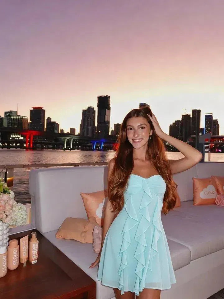 Dreamy A-Line Sweetheart Spaghetti Strap Straight Back Ruffle Mini Homecoming Dress
